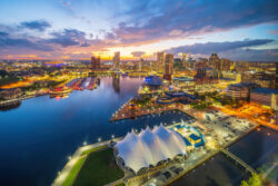 Downtown Baltimore skyline and the inner harbor at night