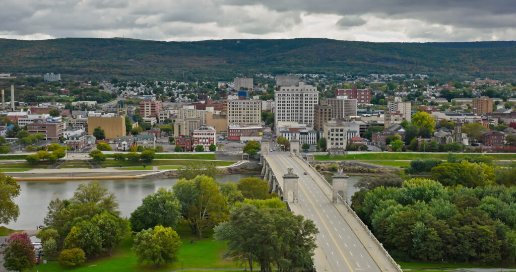 Aerial still of Wilkes-Barre, a city in Luzerne County, Pennsylvania, on an overcast day in Fall.